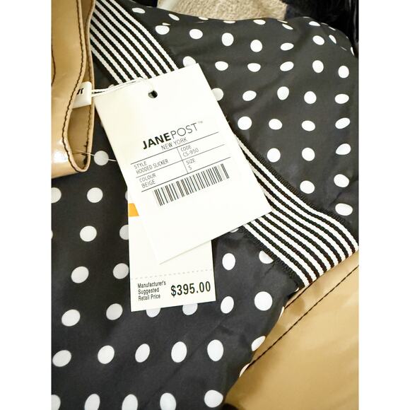 NWT Jane Post Raincoat hooded Rain Slicker in Beige Small Black Tan - Picture 8 of 8